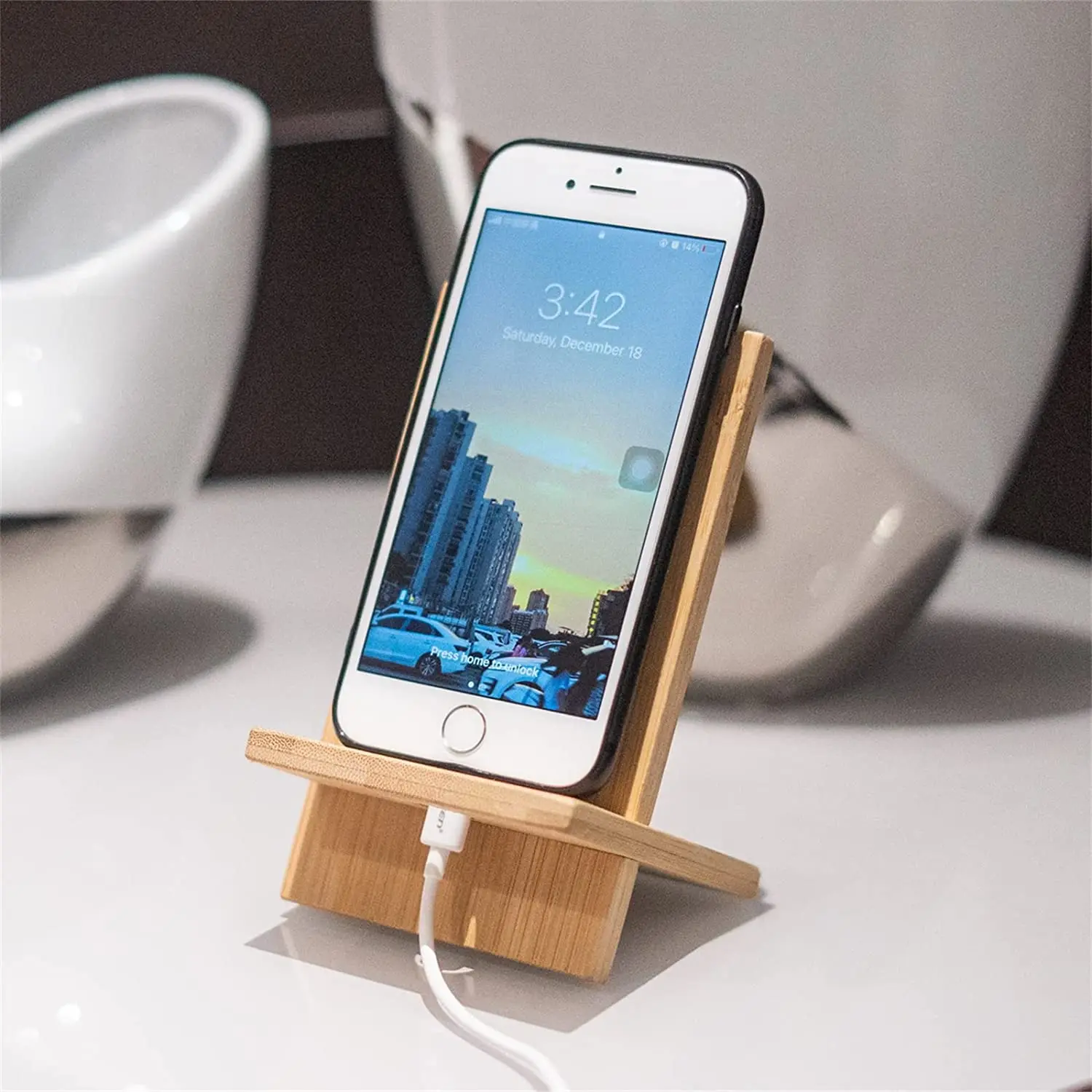 Cell Phone Stand for Desk with Charging Hole, Removable Wooden Phone Holder Tablet Stand Wood Desktop Dock Cradle