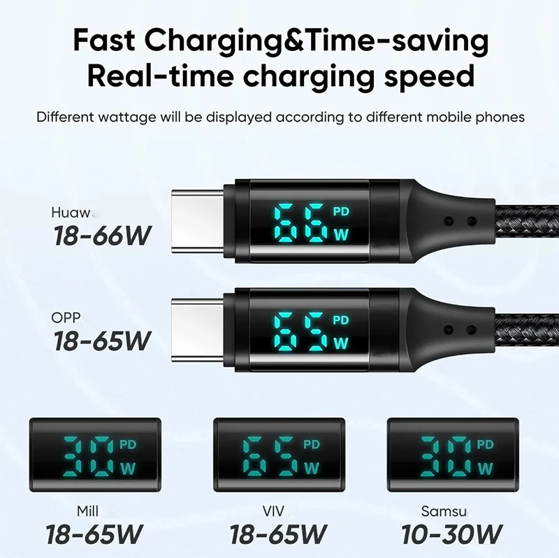PD 100W 66W Nylon Braided USB-Type C LED Display Charger Data Cable 5A Fast Charging PVC Jacket USB C Phone Fast Charging Cable