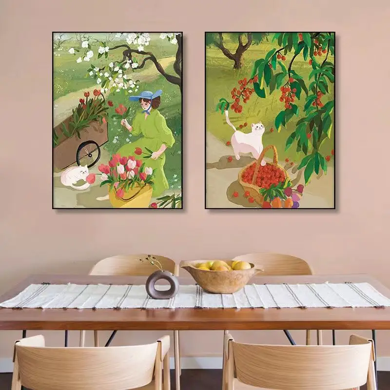 Whimsical Farmhouse Wall Art Canvas Print Orange Orchard Vibrant Green Orange Neutral Tones Living Room Bedroom Home Decor