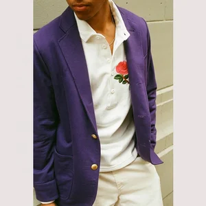 Purple Woolen Knit Men's Slim Casual Sports Jacket Reversible Plus Size Waterproof 2 Roll 3 Turned Patch Pocket Trim Blazer