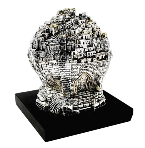 Figurine miniature personnalisée en résine électroformée argentée, représentant une ville de la Terre sainte, cadeau israélien, objet juif (Judaïca), boule de Jérusalem sur piédestal