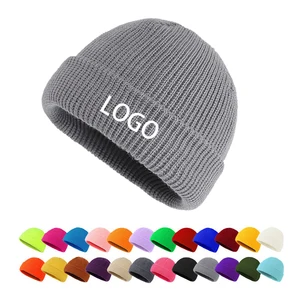 Custom Logo Men Winter Hats Knitted Thick Warm Beanies Cuff Knitted Fisherman Beanie Cap