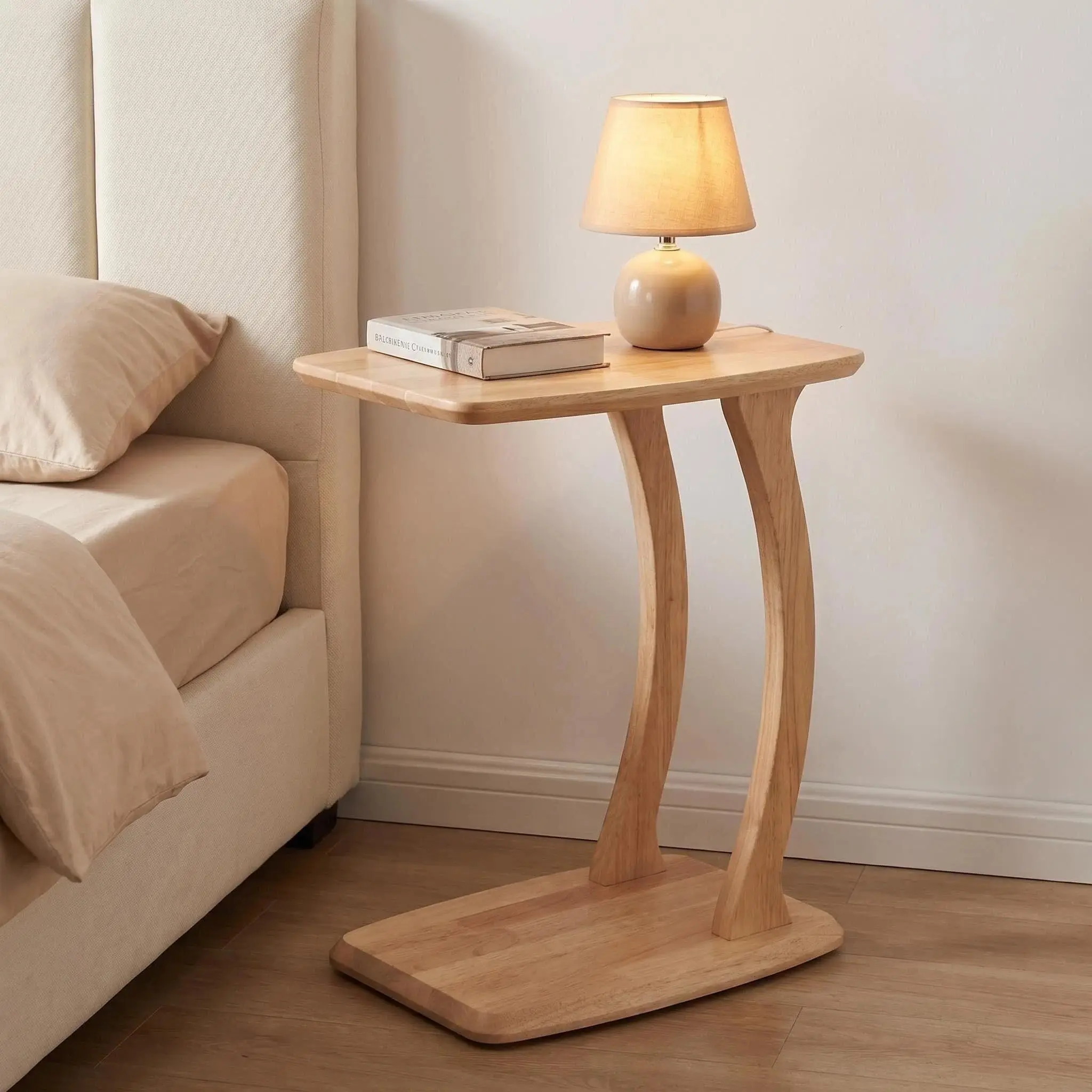 product solid wood c shaped end table sofa side laptop table slide under couch for small space living room bedroom modern home furniture-4