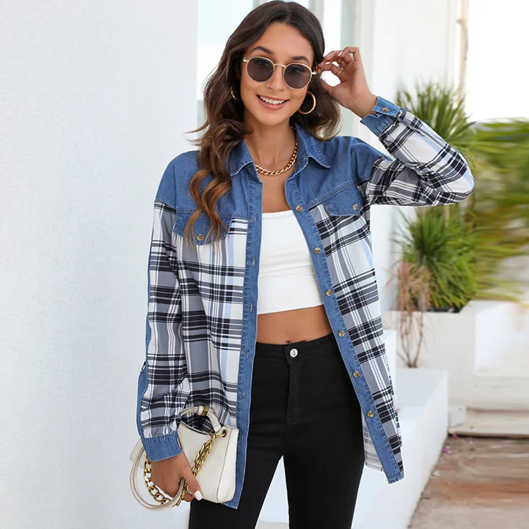 Shirt,Plaid Denim Shirt Top 