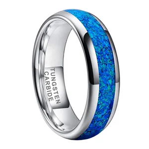 Coolstyle Jewelry 6mm Wholesale Tungsten Carbide Ring for Men Women Engagement Wedding Band Blue Opal Inlay Polished Comfort Fit