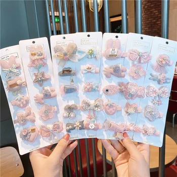Wholesale Korean 5 Pcs Sweet Cute Pink  Flower Rabbit Bowknot Bespoke Hair Clips Baby Girl Sets