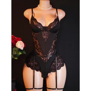 2026 New Arrival Cross-Border Lace Sexy Fitted Corset Lingerie for Women Mesh Panel Deep V-Neck Sheer Bodysuit