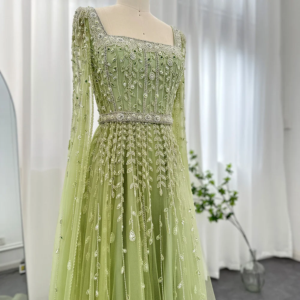 evening dress dubai online DreamyVow Luxury Dubai Sage Green Evening Dresses with Cape 2024 Arabic Blue Beaded Elegant Women Wedding Party Gowns 238 Sage Green / 2 main image 0