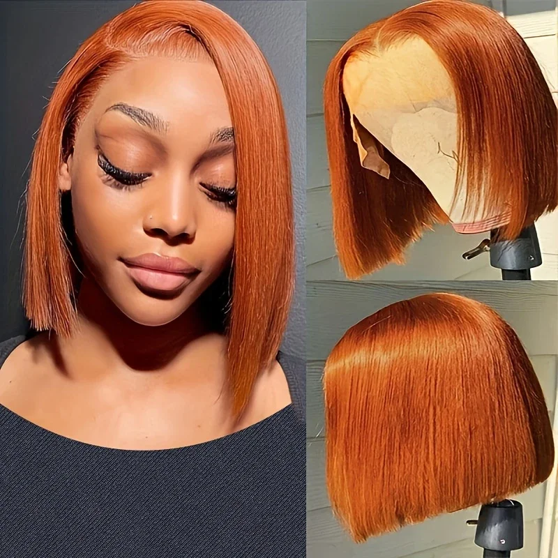 Parrucca Bob Liscia Arancione Zenzero 13x4 Parrucche Frontali in Pizzo Trasparente per Capelli Umani da Donna Capelli Remy 10-14 Pollici_voghion.com