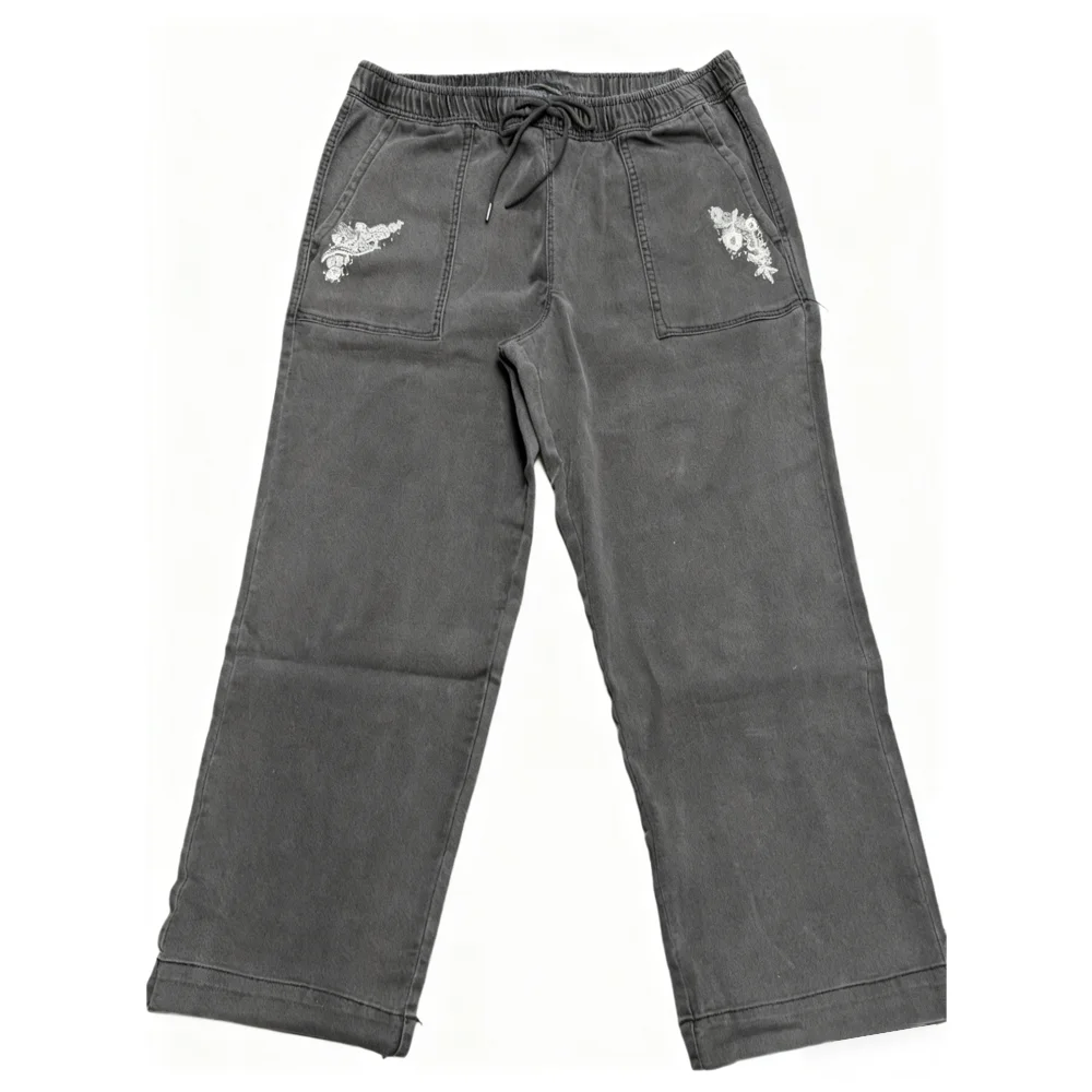 Plus Size Floral Embroidered Women's Wide Leg Pants Trendy High Waist Loose Fit Casual Trousers with Drawstring