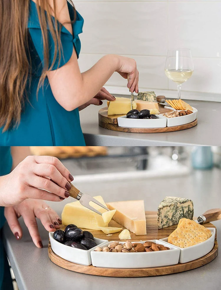 Round Acacia Wooden Cheese Board & Knife Set with Ceramic Bowls - Multi ...