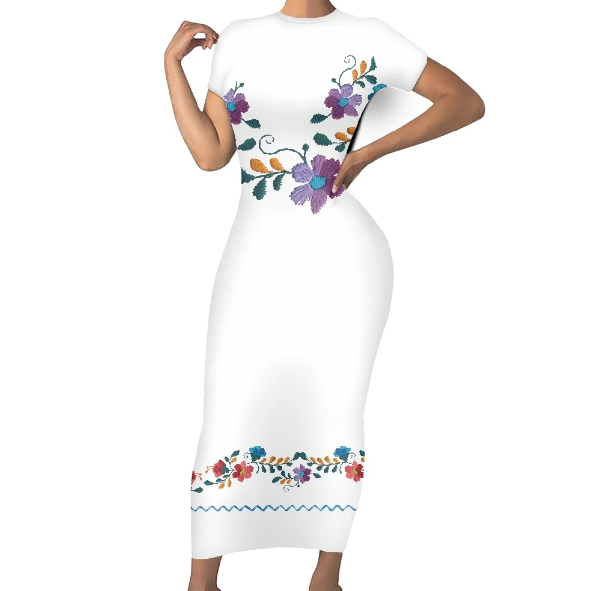 Mexican Embroidery Design Folk Art Clothing Otomi Bird Cloth Floral All  Over Printed Customized Short Sleeve Bodycon Dress