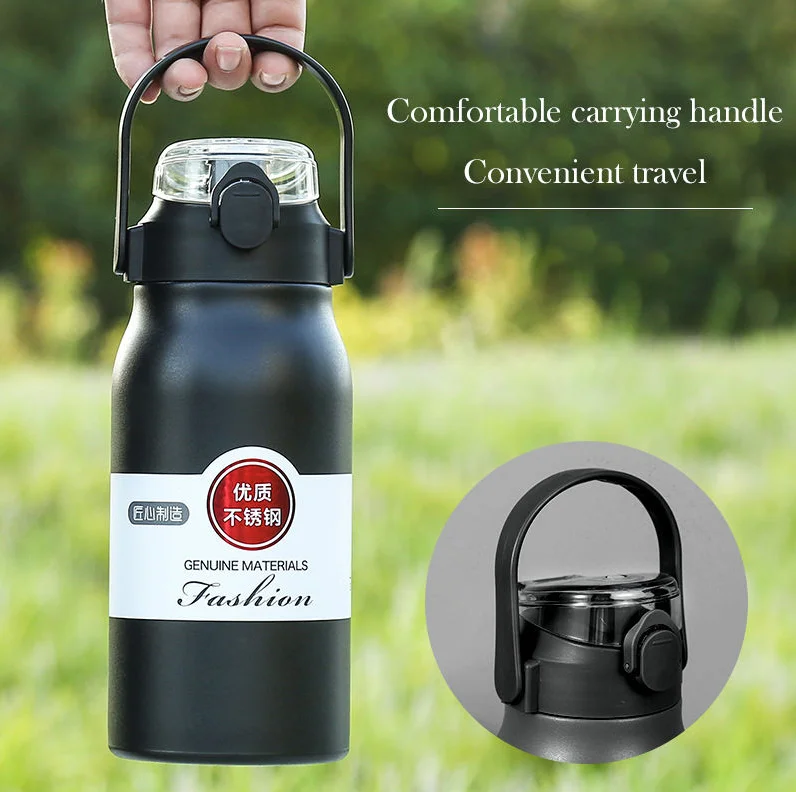 316 Stainless Steel 800ML Large Capacity Water Bottle Portable Handle Outdoor Gym Sports Thermal Water Bottle with Straw lid