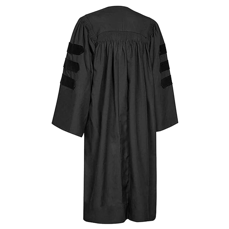 Black academic robe back view with fluting