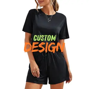 Women's Custom Solid Color Summer Set - Loose Fit Cropped Top & Elastic Shorts for Beach Vacations & Casual Outings