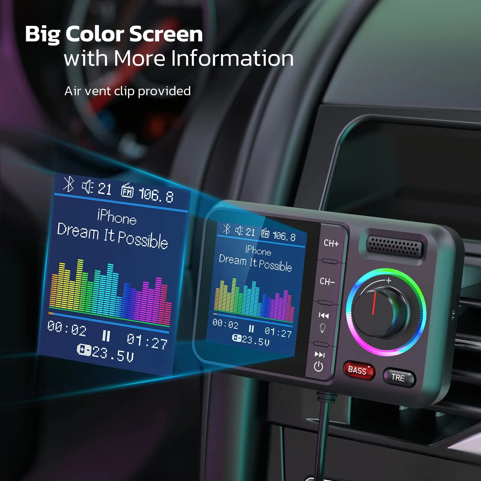 Bt98 Wireless Car Bluetooth Adapter V5.0 With Big Color Screen Aux Tf