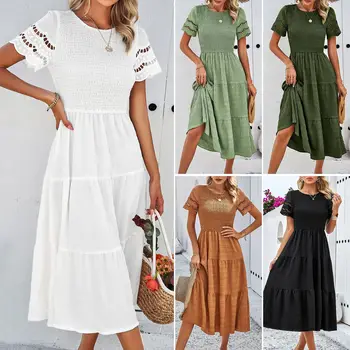 Spring/Summer 2024 solid color temperament sweep cut-out polyester long dress women clothing