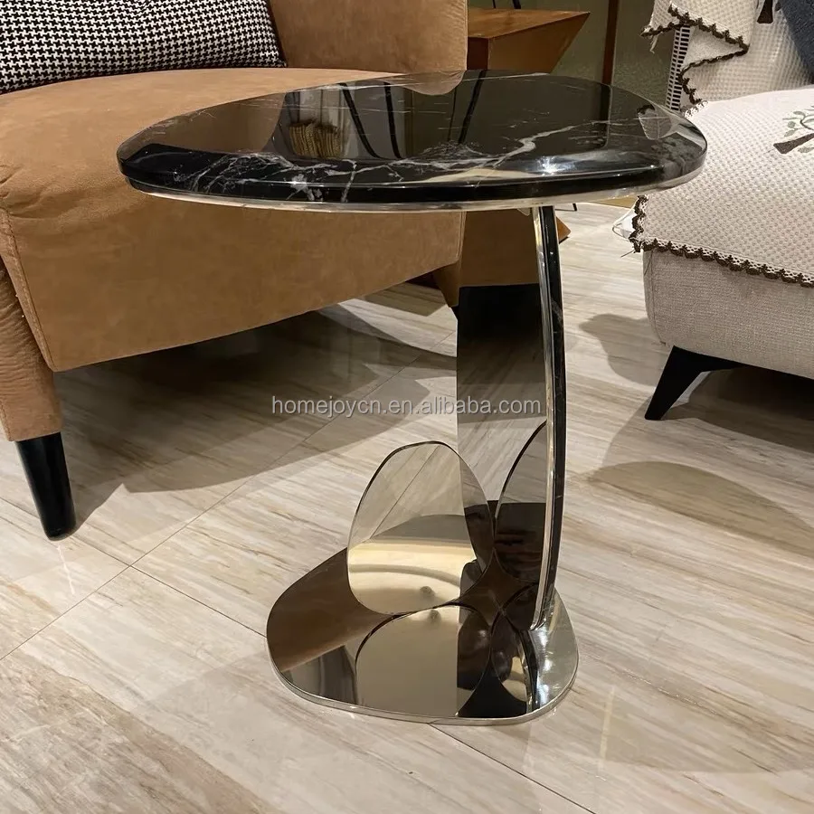 Kreativer Moderner Wohnzimmer-Beistelltisch Runder Schwarzer Marmor Silberner Metall-Edelstahl Eck-Kaffee-Teetisch – Detail 5