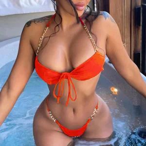 Women Sexy Two Piece Set Solid Red Swimsuit Lady Luxury Halter Metal Chain Bikini Spandex/Nylon Anti-UV Quick Dry