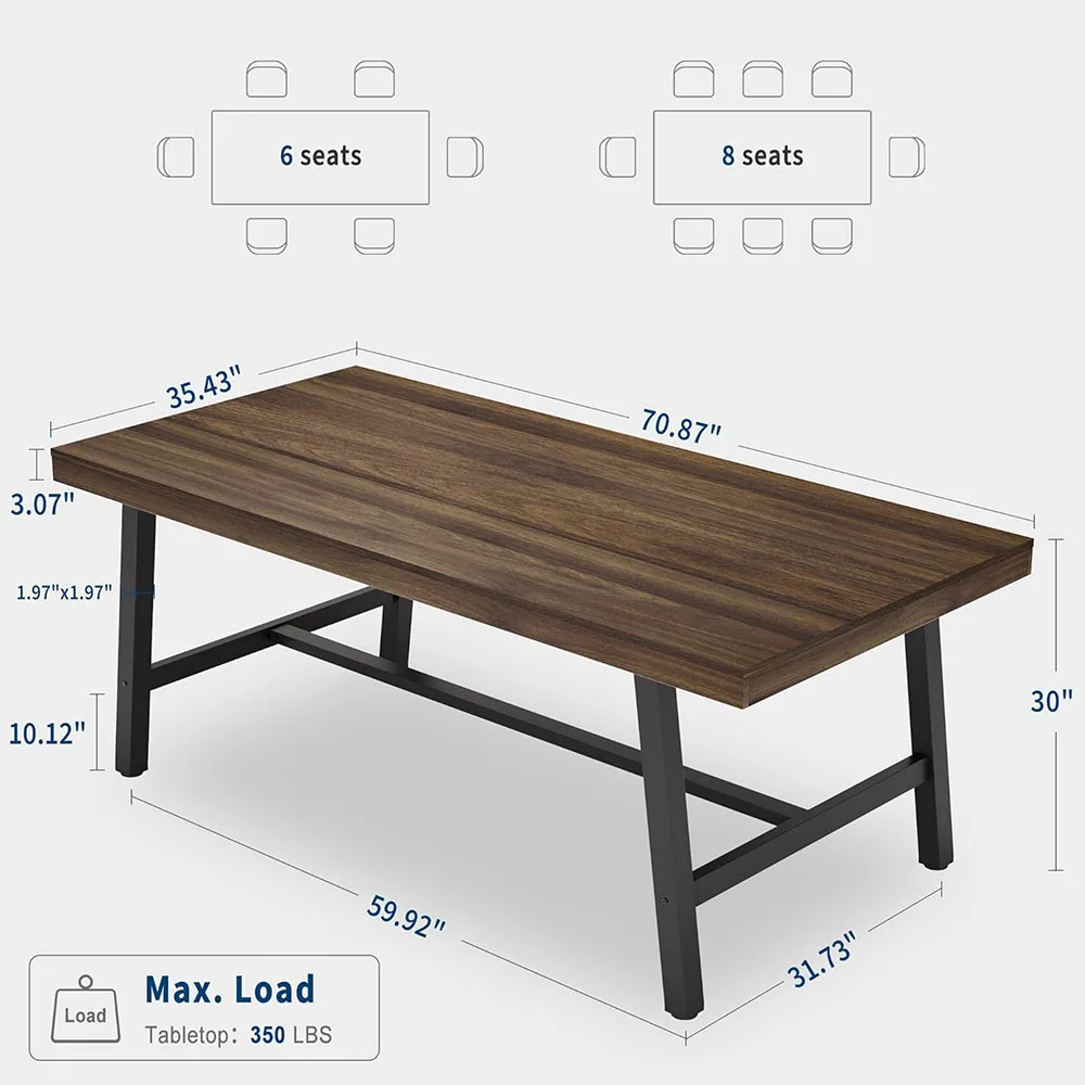 Modern Dining Table for 6-8 People 70.87 in Long Wooden Dining Room Furniture with Sturdy Metal Frame & Rustic Brown factory