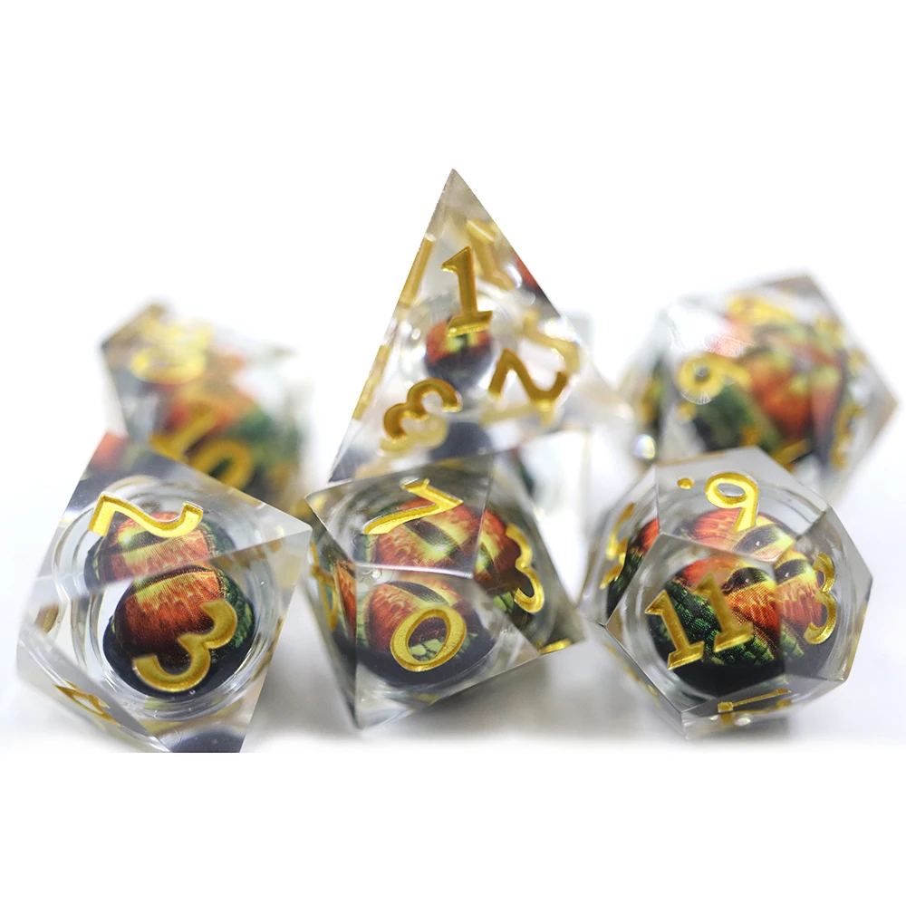 Custom Resin Dice 7pcs DND sharp Edge Red Dragon Eye Ball Core Dice Set with Gold Number