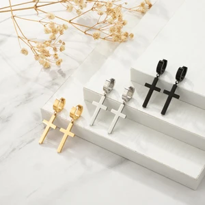 18K Gold Plated Cross Dangle Earrings - Waterproof Sweatproof Stainless Steel Drop Earrings for Men Women Fashion Jewelry