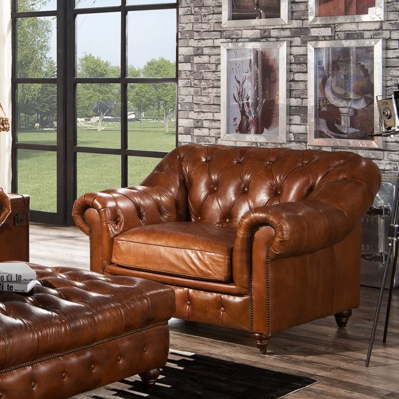 Luxury Sofa Set Top Grain Genuine Leather Chesterfield
