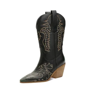 Vintage PIU Mid-Calf Western Boots Black with Embroidered Pointed Toe Stacked Heel Slip-On Closure for Summer Winter Autumn