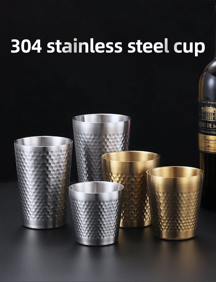 Hammer Pattern Non slip Double Wall Anti Scalding Gold Stainless Steel 304 Party Camping Cola Water Tea Coffee Beer Mug Cup Set