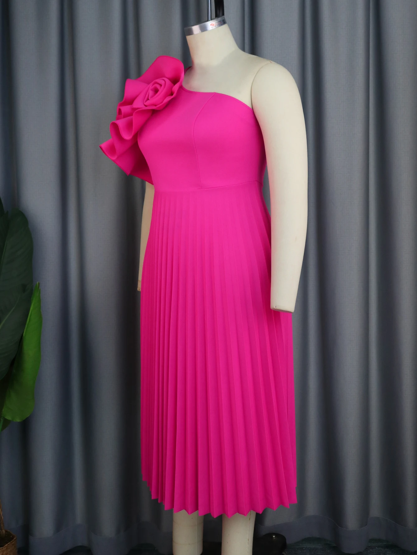 Sleeveless Pleated Ruffles Midi Length Women Prom Hot Pink Tube Dress