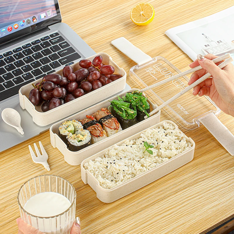 Safe Microwave 3 Layer Wheat Straw Lunch Box Custom Plastic Bento Box With Cutlery Set Logo