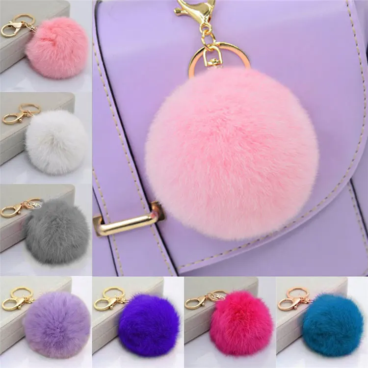 ATSlowTimes Large Fluffy Puffs Ball Bag Charm Pompom Keychain Fur Keychain Furry Key Chains Poms Purse Charm Light Tan Plush Puffs Fuzzy Furry Art