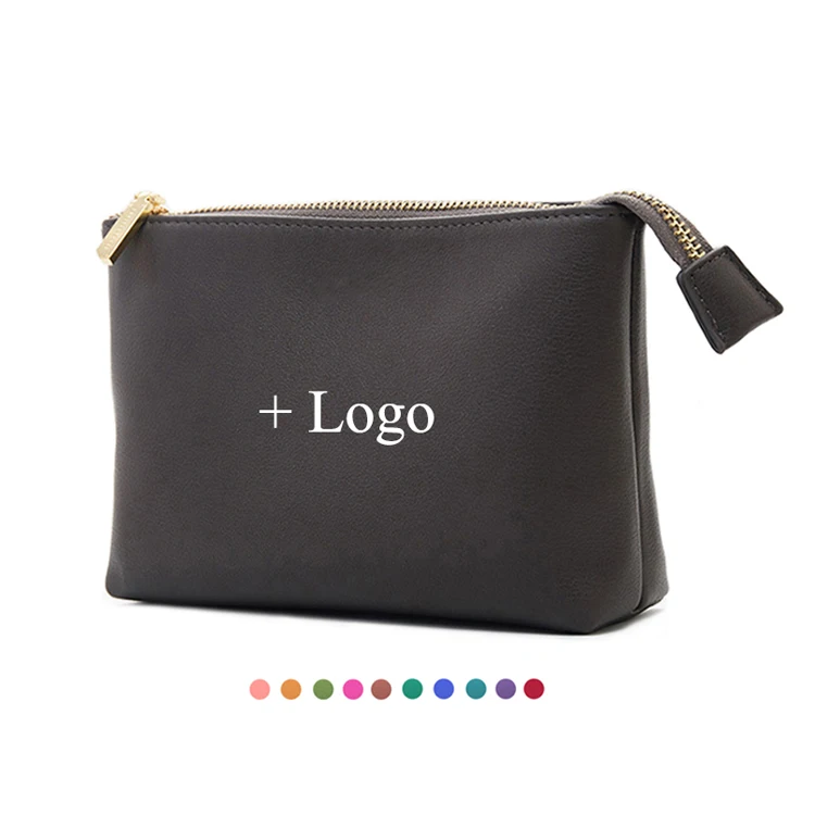 Custom logo Classic Simple Travel Zipper Pouch Promotional Gifts Beauty Makeup Storage Clutch Small Pu Leather Cosmetic Bag