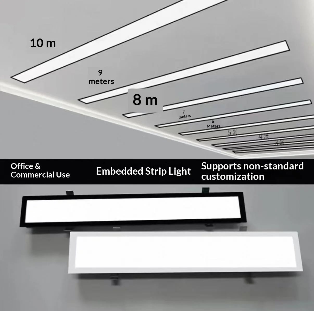 Eingebettete LED-Streifenleuchte aus Eisen für abgehängte Gipskartondecken, flache Einbauleuchte für Büros, Einkaufszentren und Besprechungsräume, 111–240 V