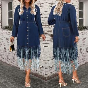 Y218538 New Arrival Plus Size Jeans Dresses Women Casual Long Sleeve Lapel Patchwork Midi Tassel Denim Dresses for Women Ladies