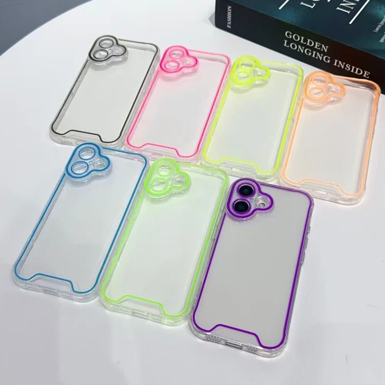 Transparent Neon Fluorescent Frame Phone Cover for iPhone 16 15 14 13 12 11  Pro Max Clear Luminous Glowing Phone Case