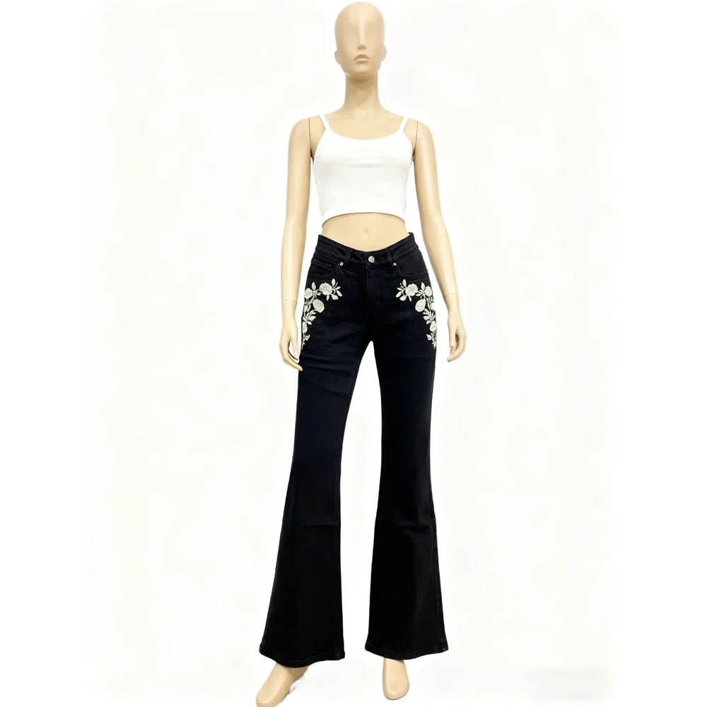 Floral Embroidered Black Flare Jeans for Women High Waist Slim Fit Denim Pants
