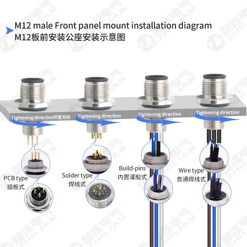 M12 Wire Connector Panel Mount with Solder Cup Female Male Wire to Board Connector 2P 3P 4P 5P 6P 8P 12P 17P
