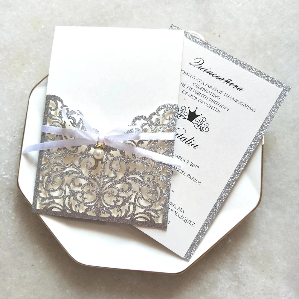 Wholesale Pocket Invitation with Glittery Insert and Rhinestone for Wedding  Silver Purple Gold Greeting Cards, image size:1000x1000