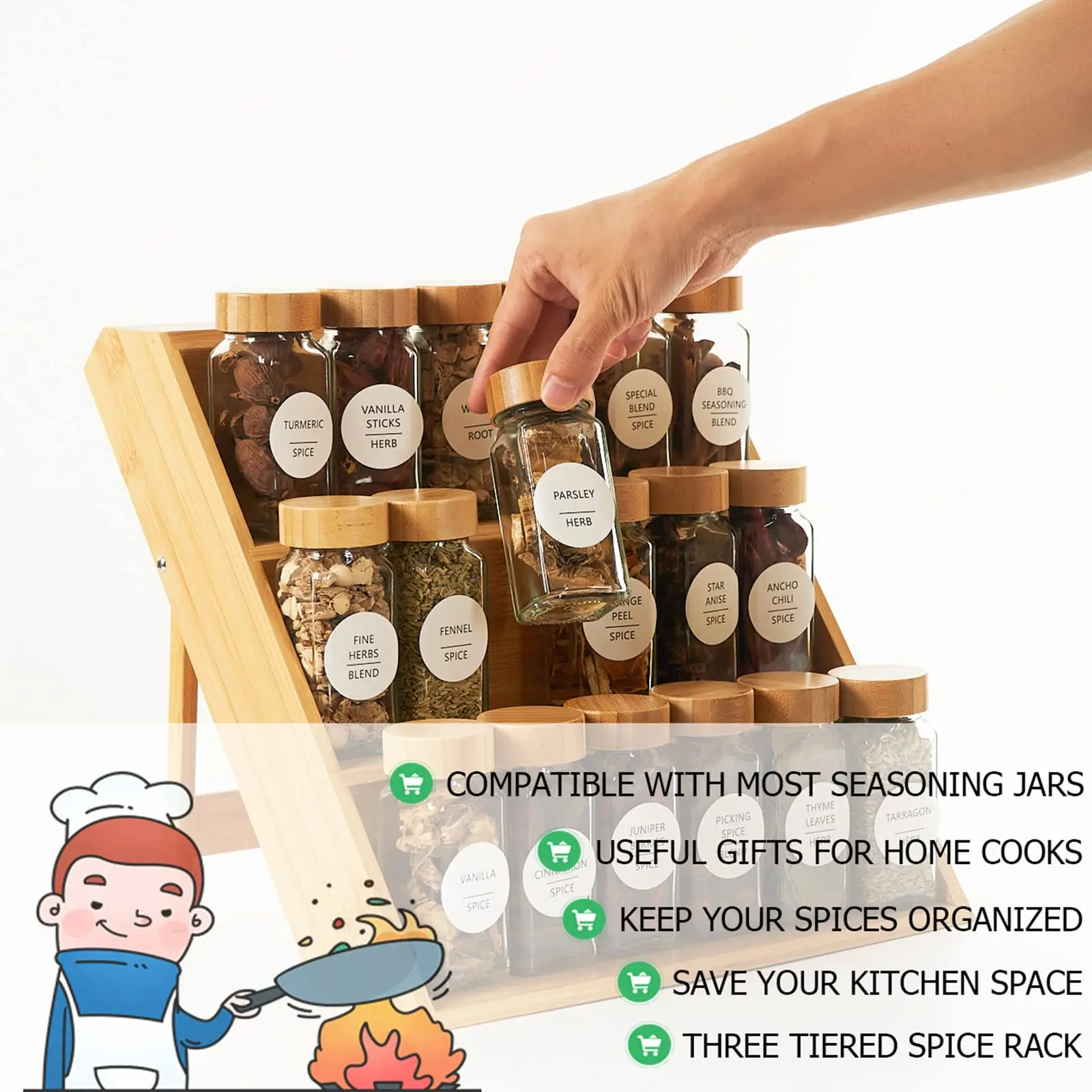 3 Layer Bamboo Display Rack Bamboo Organizer for Kitchen Storage Spice ...