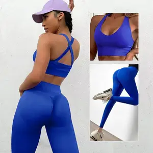 Wholesale Seamless Solid Color Sexy 2 Piece Sets Butt Lift Yoga Leggings Push up Active Wear Women Fitness Sets