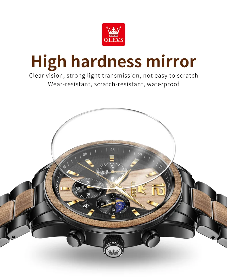 Olevs 3645 Quartz Chronograph Men Calendar Watch Round Textured Solid Wood Luxury Glass Luminous Hands Business Watches for Men