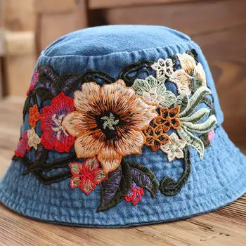 Vintage Denim Bucket Hat with Floral Embroidery and Mini Pocket Denim Bucket Hats With Flowers - Etsy main image 3