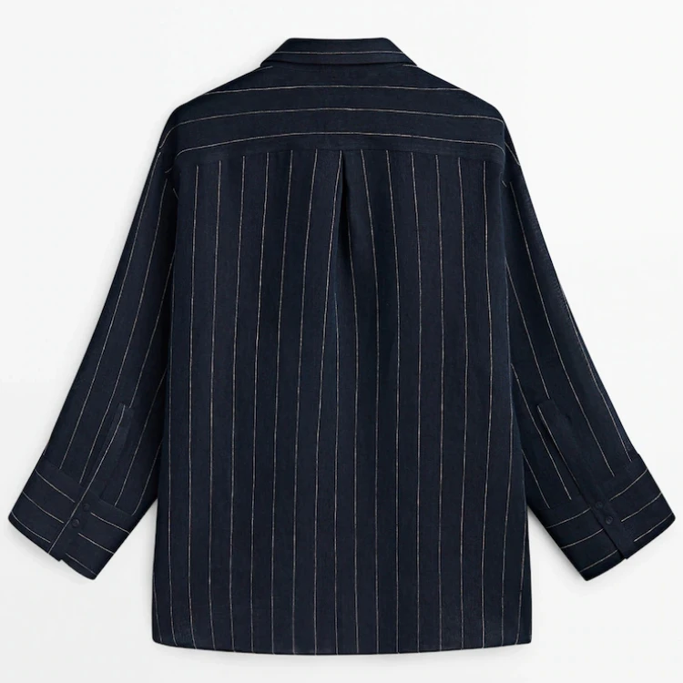 OME New Arrival Navy Blue 100% Linen Striped Shirt Women's Blouses Linen Shirts Blouses Elegant Women