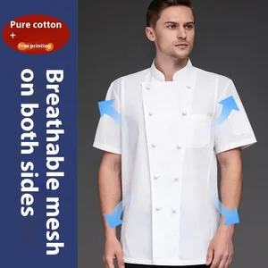 Pure Cotton Short-Sleeved Workwear for Men Women Summer Chef Uniforms for Restaurant Bar Breathable Mesh Kitchen Catering