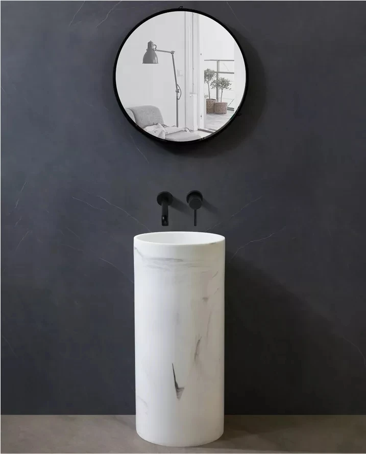 Marble white artificial stone cylindrical round one piece bathroom sink freestanding pedestal hand wash basin factory