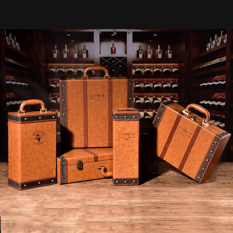 Custom Printed Modern Style PU Leather & Wood Wooden Gift Packaging Boxes for 1/2/4/6 Bottle Wine Box