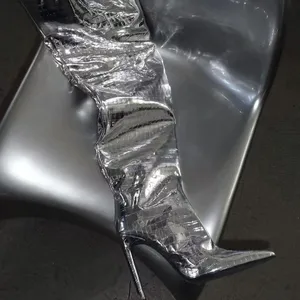 BUSY GIRL QD25 Gold and Silver Fashion Catwalk High Boots Snake Pattern crocodile Pattern High Heel Knee Boots Women's Show