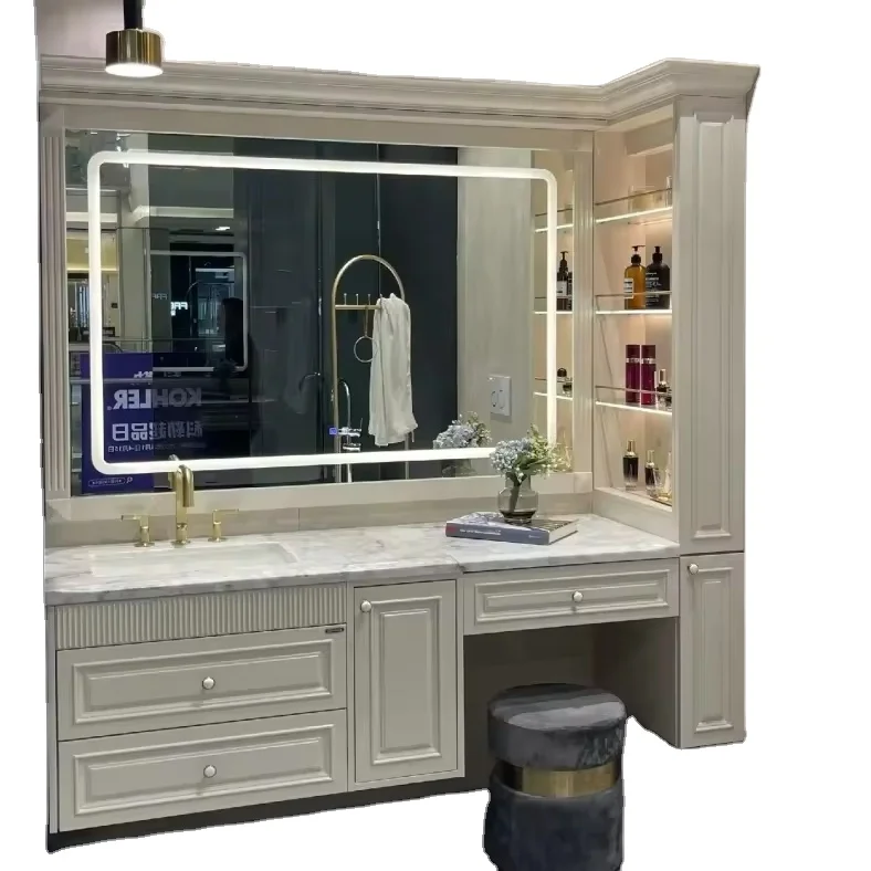 Euro Are-shaped Style Mirror Vanity Modern French Bathroom Cabinet Solid Wood Classic Design High Quality Hot Sales Luxury