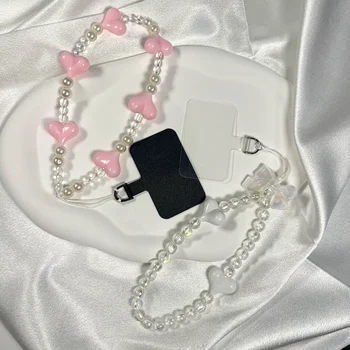 Homemade Color glass bead love phone chain Acrylic Phone Lanyard Wrist Strap Mobile Phone Charm Chain
